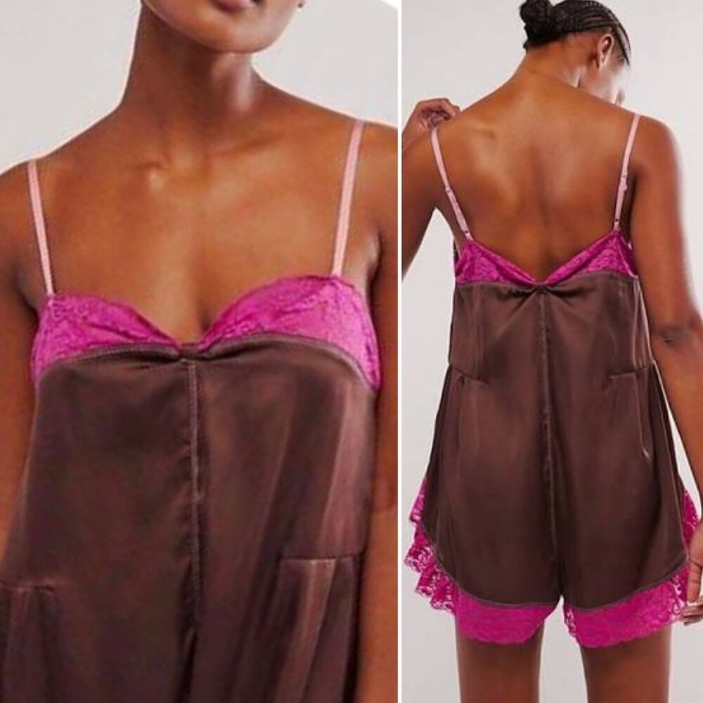 New Intimately Free People First Date Lace Trim Romper Brown XS